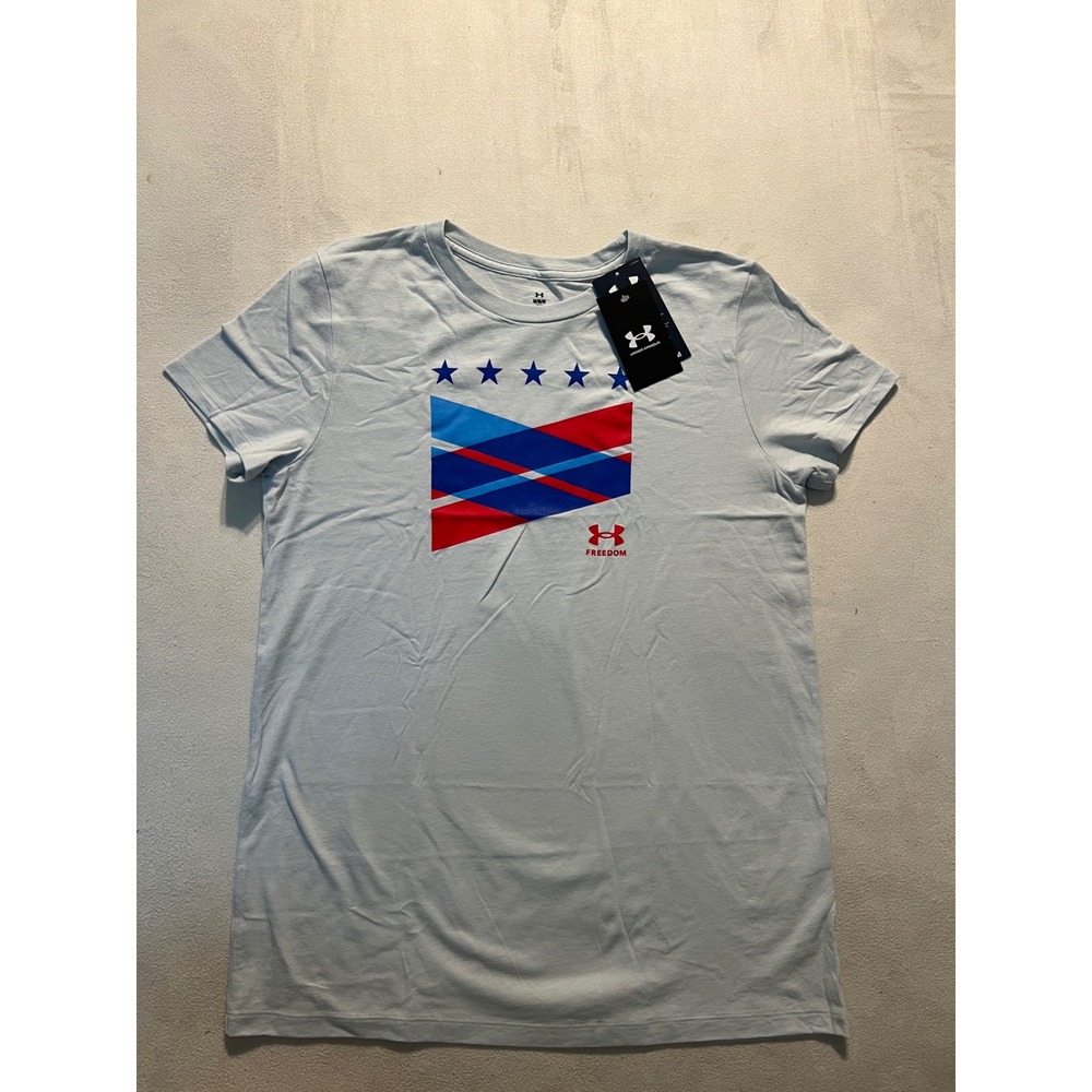 Under Armour Freedom Womens T-Shirt Light Blue USA Flag Graphic Medium 1382928